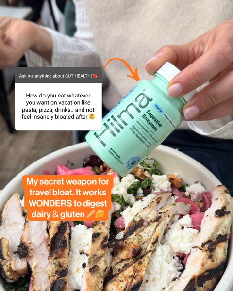 A split-screen style creative featuring a direct user question about gut health paired with the product as the functional solution for travel bloating.